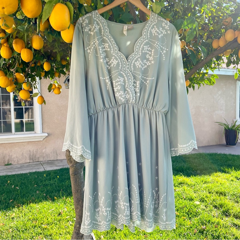 H&M Sage Sun Dress with Embroidery